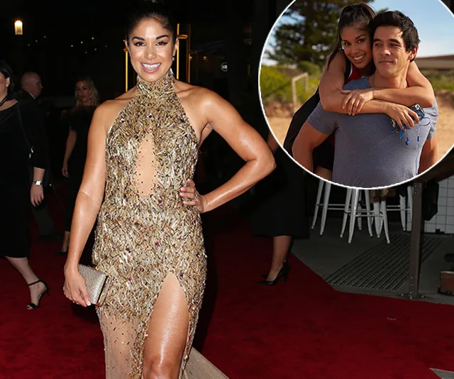 Woman in a sparkling dress posing on a red carpet; inset of couple smiling with piggyback on beach.