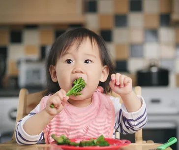 Toddler seated, wearing a bib, happily eating broccoli in a kitchen setting.