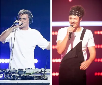 DJ performing with turntables (left) and singer in overalls with microphone (right) on stage with colorful lights.