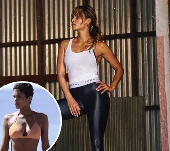 Woman in workout attire poses confidently. Inset shows her in a bikini, highlighting fitness.