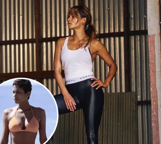 Woman in workout attire poses confidently. Inset shows her in a bikini, highlighting fitness.