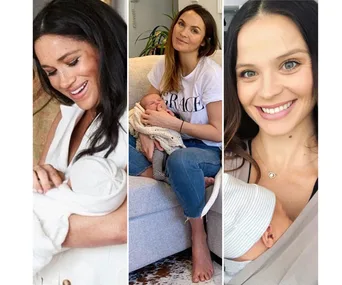 Three women smiling while holding their babies, each appearing content and nurturing.