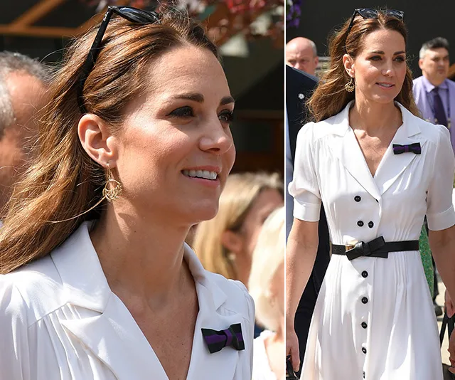 Kate Middleton at Wimbledon 2019 in a white dress and sunglasses, smiling outdoors.