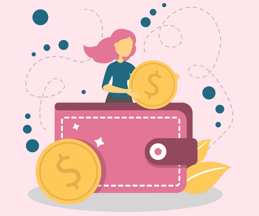 A woman holding a coin stands behind a large pink wallet, surrounded by decorative dots and lines.