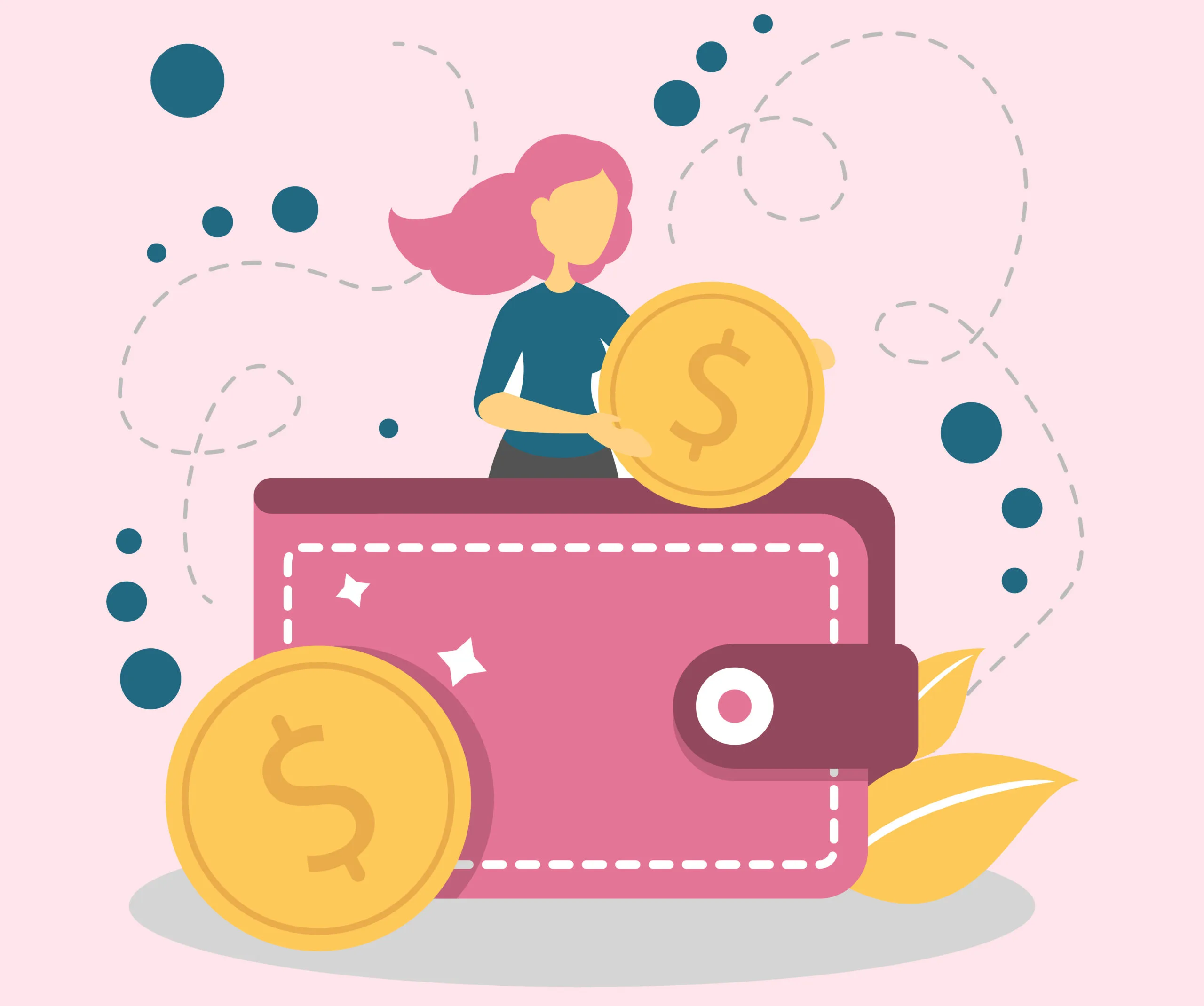 A woman holding a coin stands behind a large pink wallet, surrounded by decorative dots and lines.