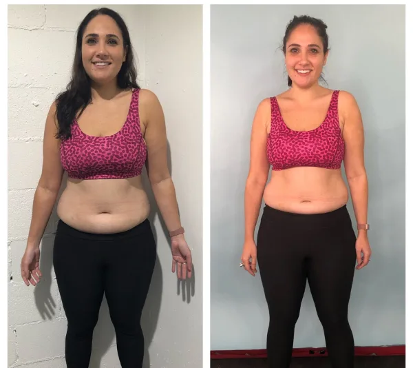 "Before and after images of a woman in a pink sports bra and black leggings showing weight loss progress."