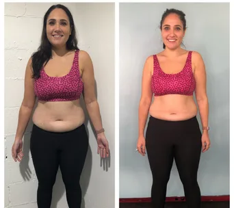 "Before and after images of a woman in a pink sports bra and black leggings showing weight loss progress."