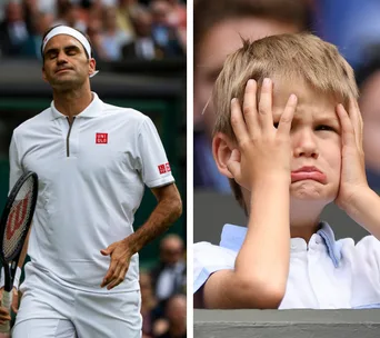Roger Federer in tennis attire, eyes closed, and a young boy with hands on face looking upset in the audience.