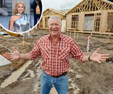 Man in plaid shirt smiling at construction site; inset of woman in silver dress.
