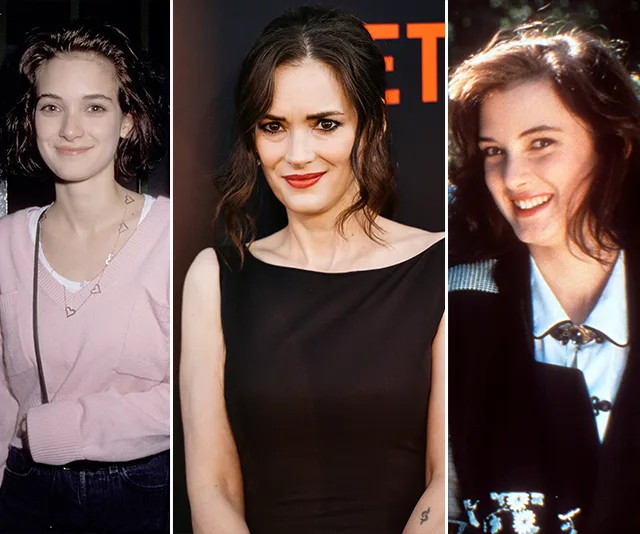 Three images showing a woman at different ages: left in a pink sweater, center in a black dress, right in a black jacket.