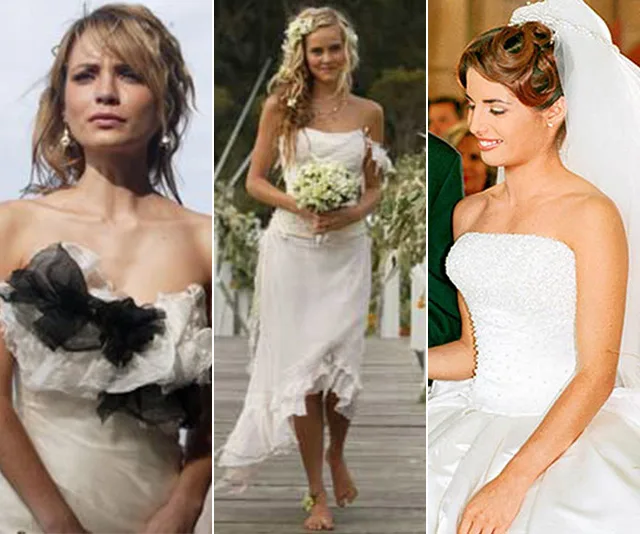 Three women in distinct wedding dresses from "Home and Away"; elegant designs with black, floral, and strapless features.