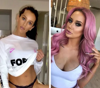 Two women in side-by-side photos: one with dark hair in a casual outfit, the other with pink hair in a white top.