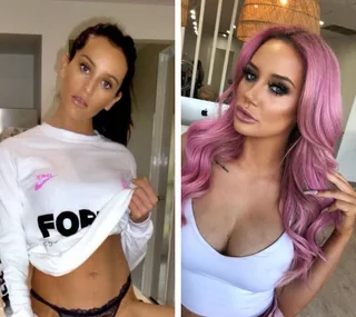 Two women in side-by-side photos: one with dark hair in a casual outfit, the other with pink hair in a white top.