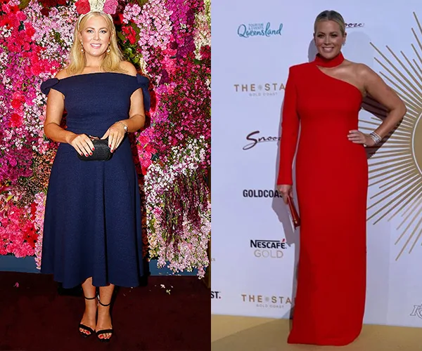 Side-by-side of a woman in a blue dress before and in a red gown after weight loss transformation.