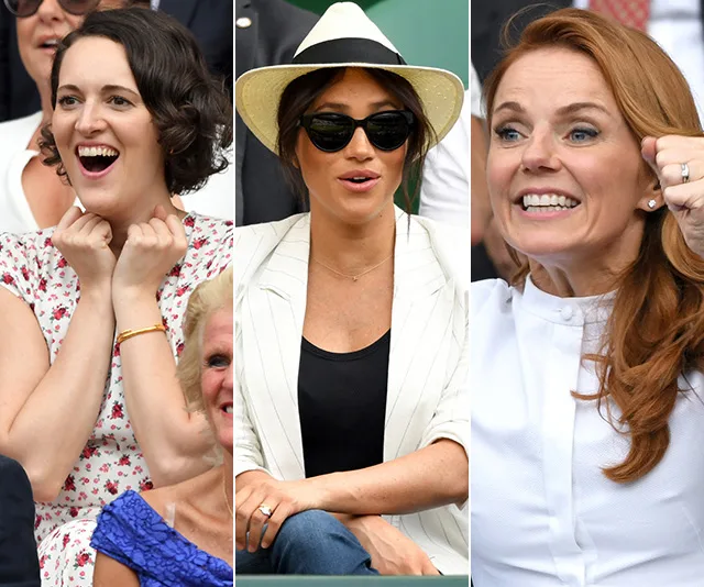 Celebrities enjoying Wimbledon 2019; three women smiling in the crowd, capturing the excitement of the event.