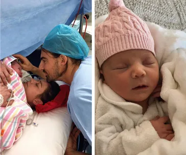 "Lisa Hyde in hospital bed, holds newborn; right image shows baby sleeping in pink hat and white outfit."