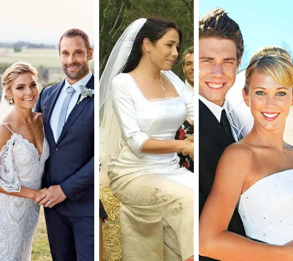 Three couples in wedding attire from the TV show "Home and Away," each in different scenic settings.