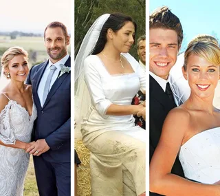 Three couples in wedding attire from the TV show "Home and Away," each in different scenic settings.