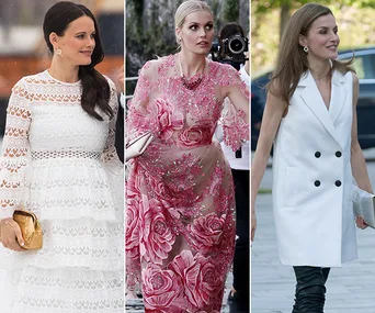 Women in elegant dresses: one in white lace, one in pink floral, and one in a white vest outfit, attending a formal event.