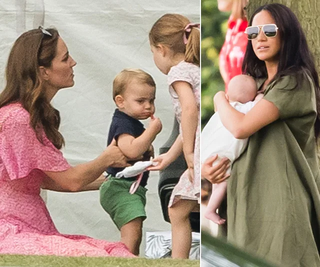 Two women outdoors: one in pink with children, the other in sunglasses cradling a baby.