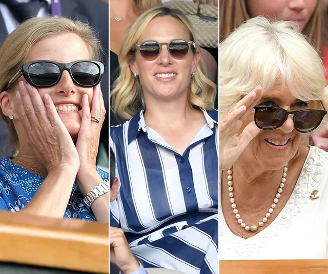 Women in sunglasses at Wimbledon 2019, enjoying the match with smiles and excitement.