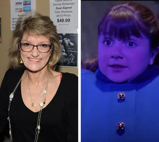 Denise Nickerson, older with glasses, and as Violet Beauregarde in "Willy Wonka," turning blue from blueberry gum.