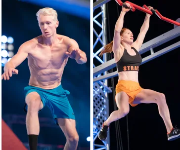 Australian Ninja Warrior athletes in action: one climbing monkey bars and another leaping mid-air in competition.
