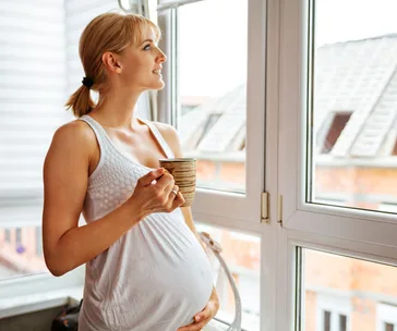 Pregnant woman at 25 weeks holding a mug, looking out of a window with a peaceful expression.