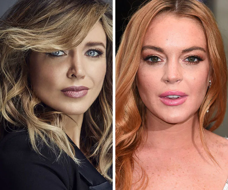 Alt text: "Close-up of two women with styled hair and makeup; shows contrast in hair color and expression."