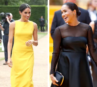 Meghan in yellow dress outdoors; in black dress at event, smiling.