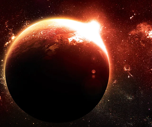 Red planet with glowing horizon in outer space, surrounded by stars and cosmic dust.