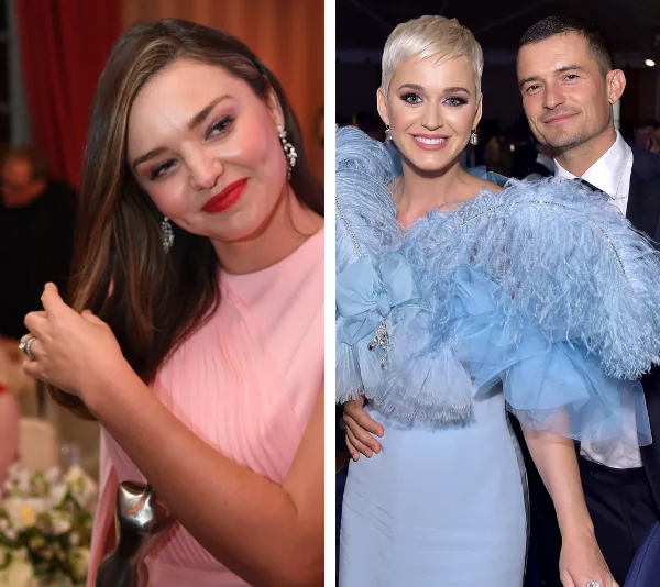 Miranda Kerr in a pink dress and Katy Perry with Orlando Bloom in blue attire at an event.