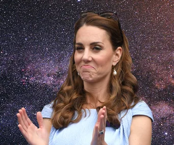 A woman clapping with a galactic starry background, wearing a blue top and pearl earrings.