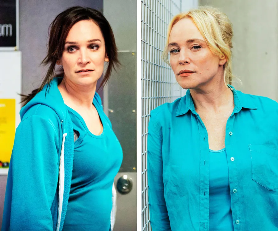 Two women in turquoise outfits, in separate settings, appear thoughtful and serious.