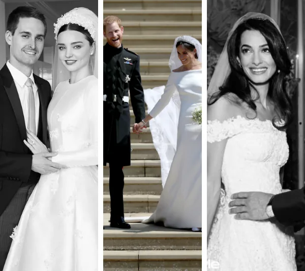 "Collage of three couples on their wedding day, all dressed elegantly in wedding attire."