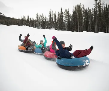 People snow tubing down a snowy hill, cheering with raised arms; pine trees in the background.