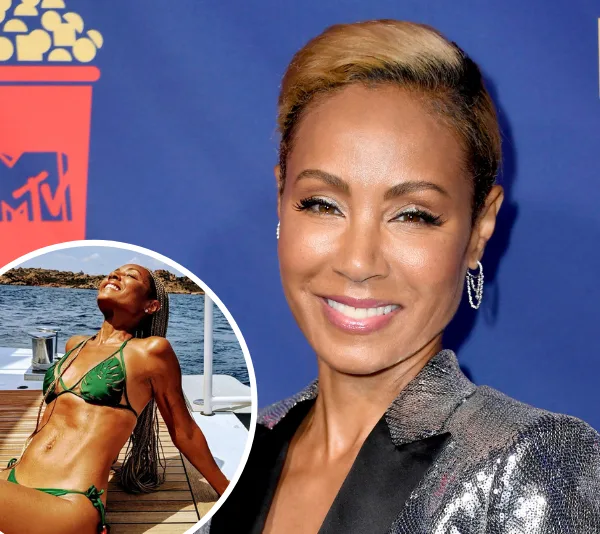 Alt text: "Smiling woman in a blazer at an event; inset shows her in a green bikini on a yacht deck."