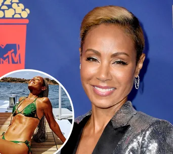 Alt text: "Smiling woman in a blazer at an event; inset shows her in a green bikini on a yacht deck."