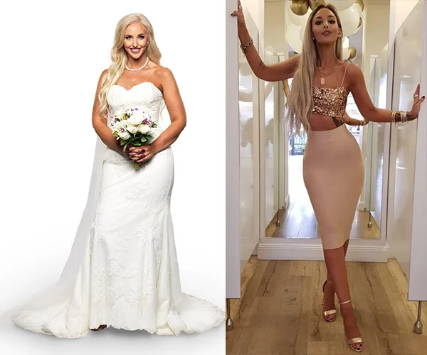 A woman in a wedding dress holding flowers is shown next to her dressed in a crop top and skirt indoors.
