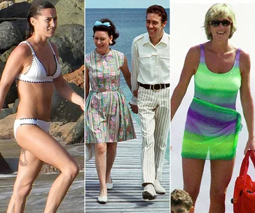 Three people enjoying different holiday activities; one on a beach, two dressed for a casual seaside walk.