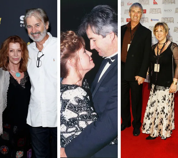 Older couple in three photos: attending event, embracing, and posing on red carpet.