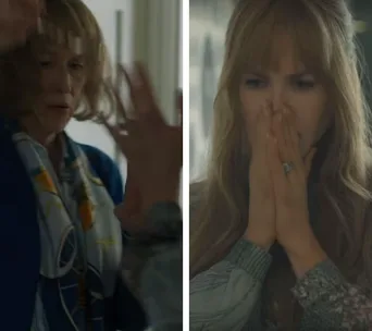Meryl Streep raising hand in scene; Nicole Kidman looks shocked, covering her mouth in "Big Little Lies".