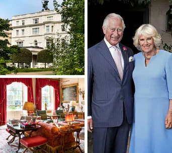 Collage of Clarence House exterior, interior room with red drapes, and an unidentified couple smiling.
