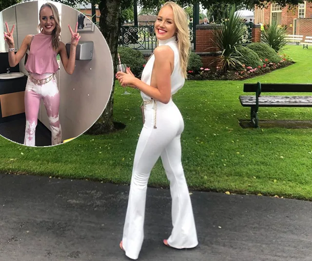 A woman in white pantsuit smiles outdoors; inset shows same woman with stained pink pants.