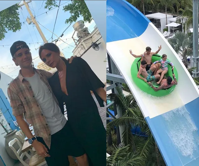 "Two photos: one with a woman and a young man posing outdoors; another of a family on a water slide raft."