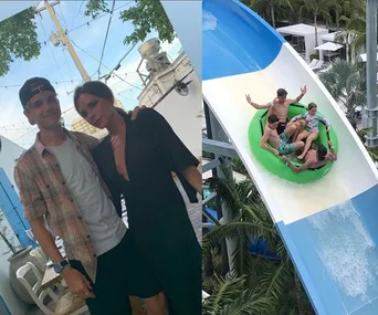 "Two photos: one with a woman and a young man posing outdoors; another of a family on a water slide raft."