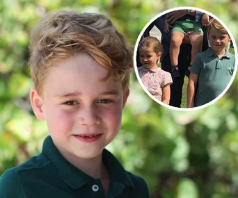 Young boy with blonde hair smiles outdoors; inset of three children at a polo event.