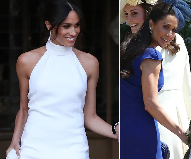 A woman in a white halter dress on the left, and in a blue dress with friends on the right, smiling outdoors.