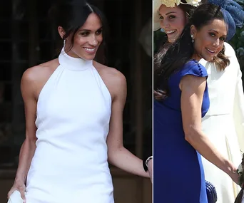 A woman in a white halter dress on the left, and in a blue dress with friends on the right, smiling outdoors.