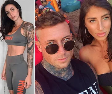 Female in workout gear with tattoos; couple posing at a beach with sunglasses; colorful background with bean bags.